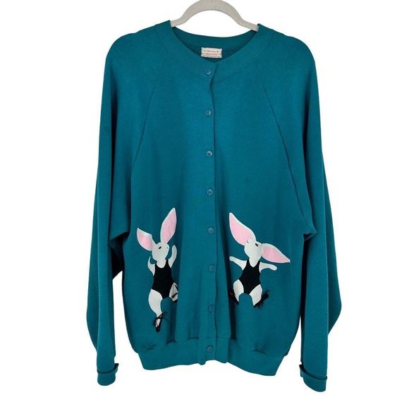 Vintage Sweaters - Vintage 80s Cardigan Ballerina Bunny Green Size M Oversized